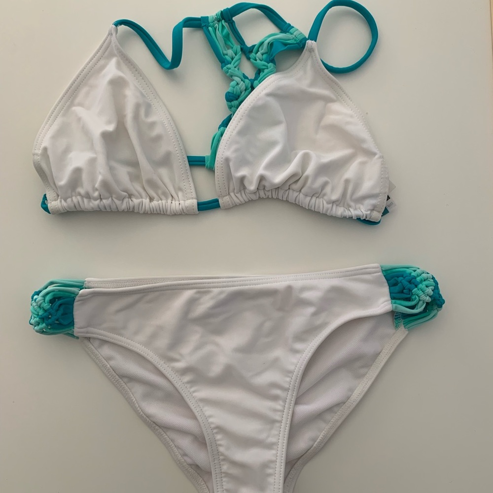 RADAR White Bikini w/ blue weaved trim